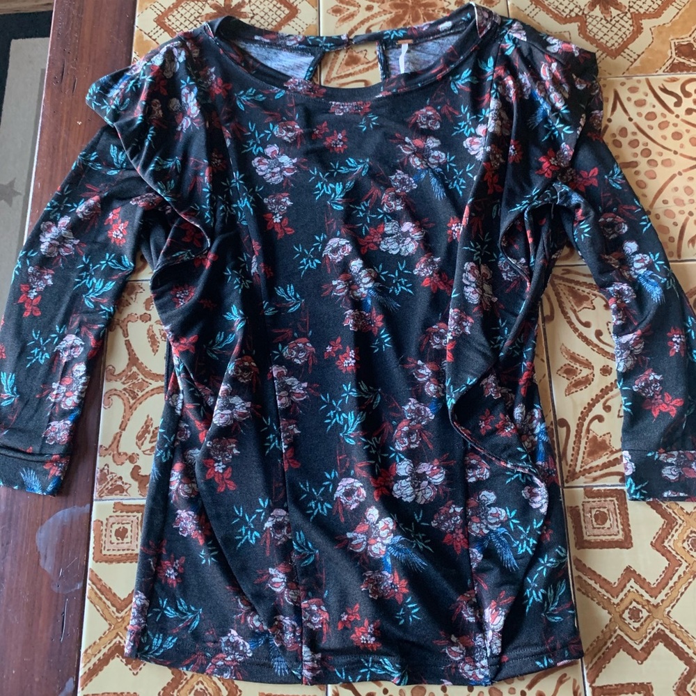 Free People Black Floral Ruffle Top - XS